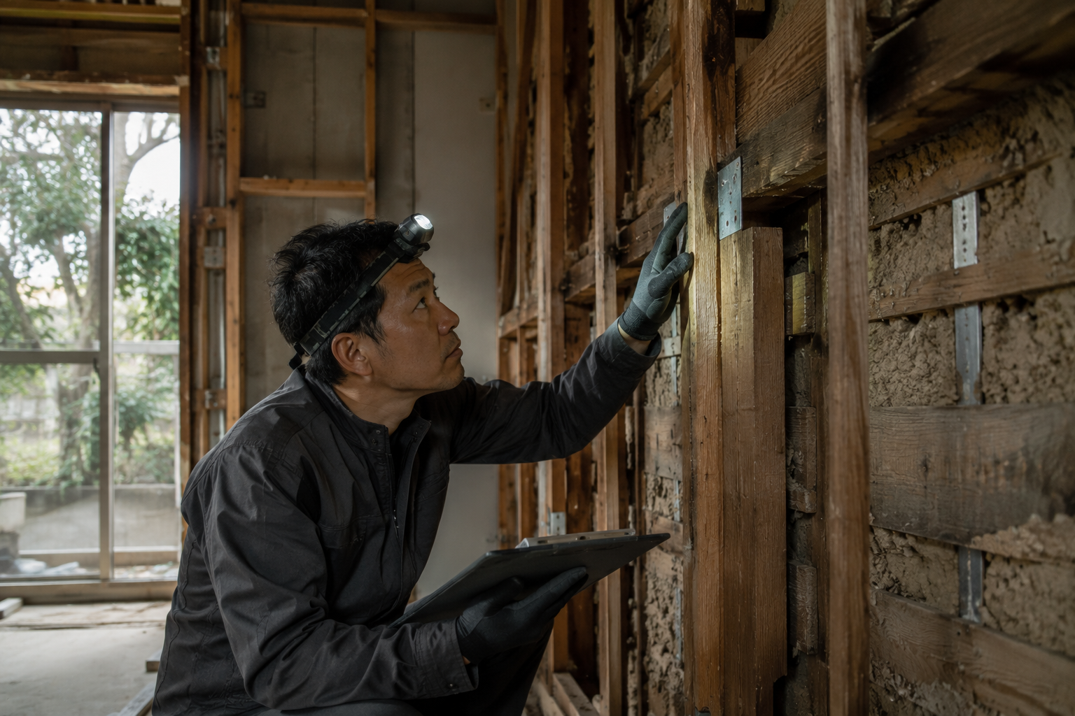 解体後に構造を診断する職人